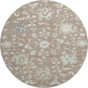 HomeRoots 8' Washable Round Rug with Elegant Taupe, Ivory & Gray Floral Design - UV Protected & Stain Resistant 705926