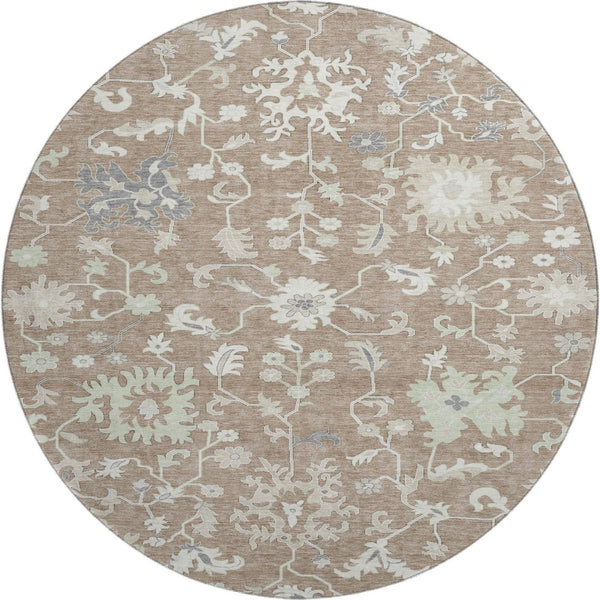 HomeRoots 8' Washable Round Rug with Elegant Taupe, Ivory & Gray Floral Design - UV Protected & Stain Resistant 705926