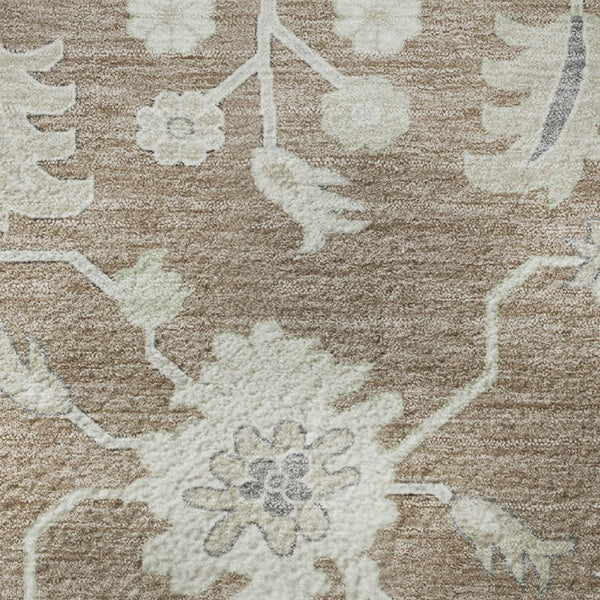 HomeRoots 8' Washable Round Rug with Elegant Taupe, Ivory & Gray Floral Design - UV Protected & Stain Resistant 705926