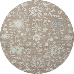 HomeRoots 8' Washable Round Rug with Elegant Taupe, Ivory & Gray Floral Design - UV Protected & Stain Resistant 705926