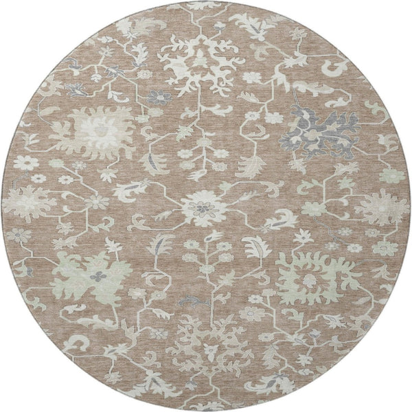 HomeRoots 8' Washable Round Rug with Elegant Taupe, Ivory & Gray Floral Design - UV Protected & Stain Resistant 705926