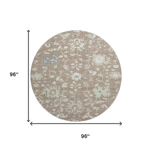 HomeRoots 8' Washable Round Rug with Elegant Taupe, Ivory & Gray Floral Design - UV Protected & Stain Resistant 705926