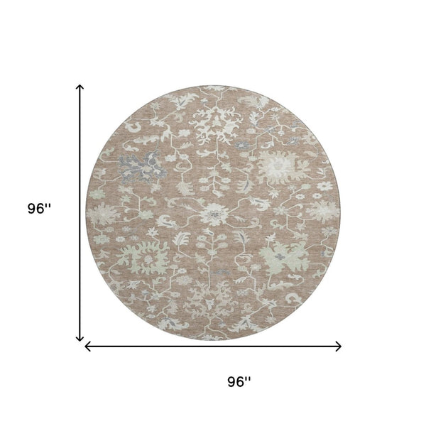 HomeRoots 8' Washable Round Rug with Elegant Taupe, Ivory & Gray Floral Design - UV Protected & Stain Resistant 705926