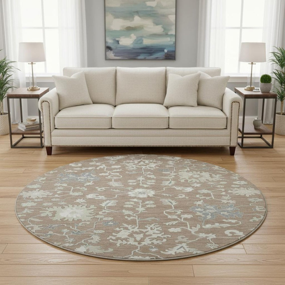 HomeRoots 8' Washable Round Rug with Elegant Taupe, Ivory & Gray Floral Design - UV Protected & Stain Resistant 705926