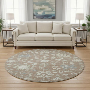 HomeRoots 8' Washable Round Rug with Elegant Taupe, Ivory & Gray Floral Design - UV Protected & Stain Resistant 705926