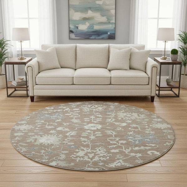 HomeRoots 8' Washable Round Rug with Elegant Taupe, Ivory & Gray Floral Design - UV Protected & Stain Resistant 705926