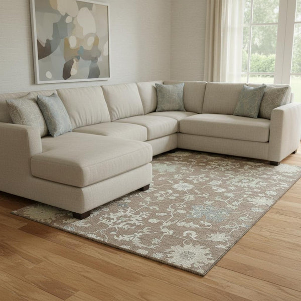 HomeRoots 8' X 10' Washable Floral Area Rug in Taupe, Ivory & Gray - Durable, Stain Resistant, UV Protected! 705927