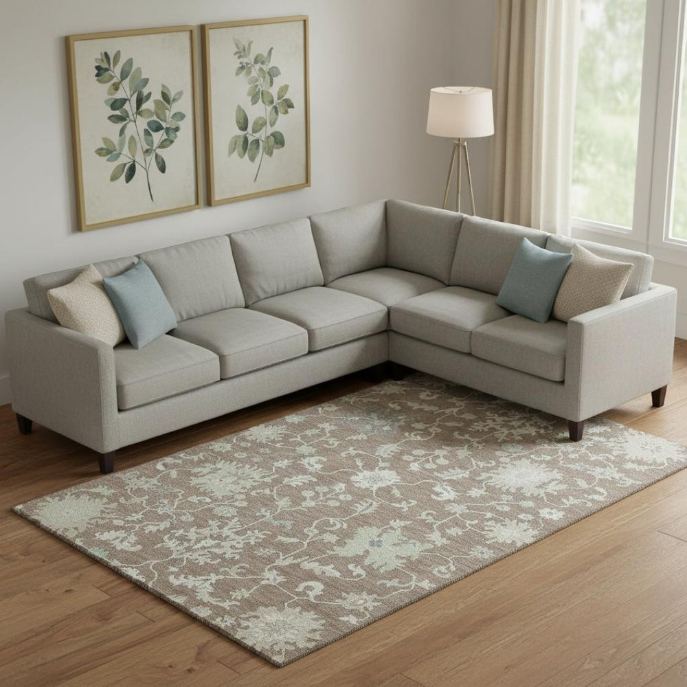 HomeRoots 9' X 12' Washable Floral Area Rug in Taupe, Ivory & Gray - Stain-Resistant, UV Protected, Non-Slip Design 705928