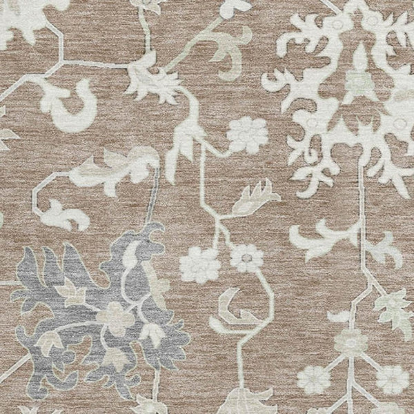 HomeRoots 9' X 12' Washable Floral Area Rug in Taupe, Ivory & Gray - Stain-Resistant, UV Protected, Non-Slip Design 705928
