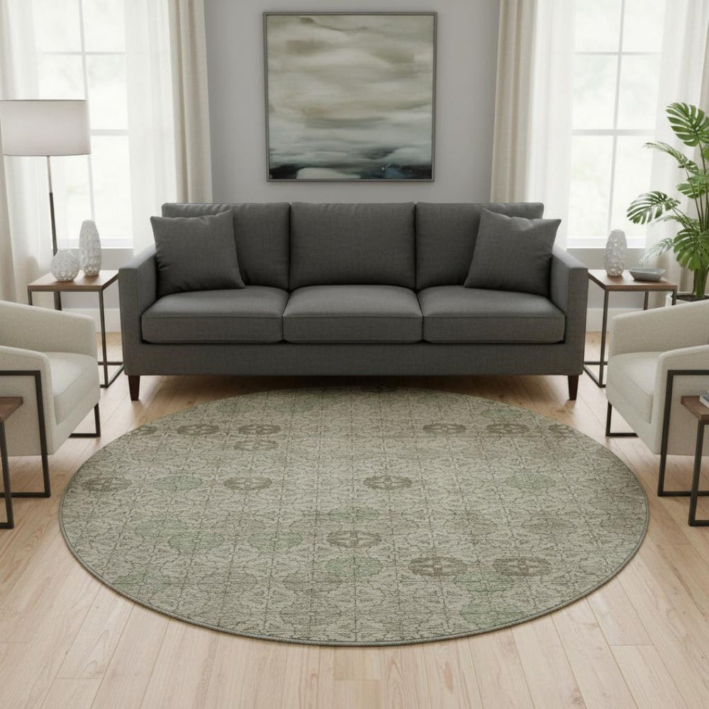 HomeRoots 8' Beige and Taupe Geometric Round Rug – Washable, UV-Protected, Perfect for Modern Spaces! 705932
