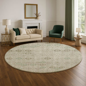 HomeRoots 8' Beige and Taupe Geometric Round Rug – Washable, UV-Protected, Perfect for Modern Spaces! 705932