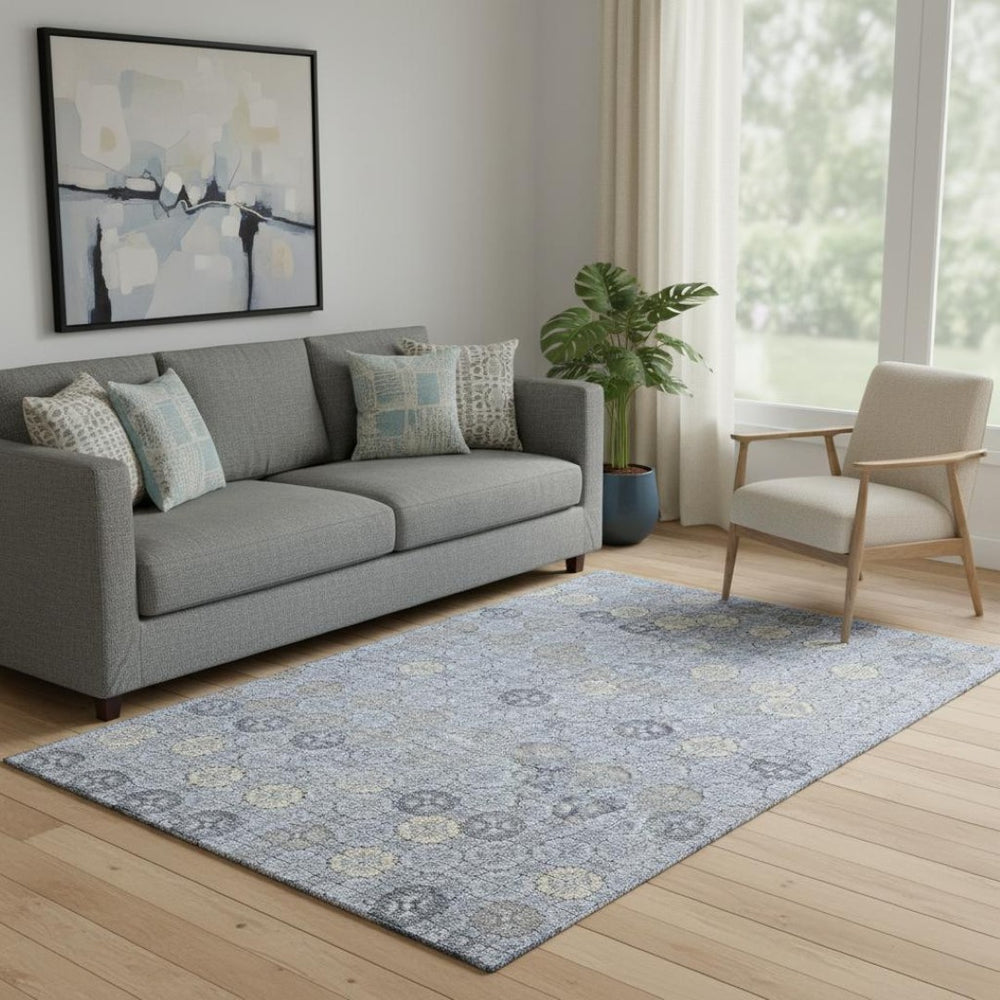HomeRoots 5' X 8' Blue And Ivory Geometric Washable Area Rug - UV Protected, Durable, Easy Clean for Family Homes 705937
