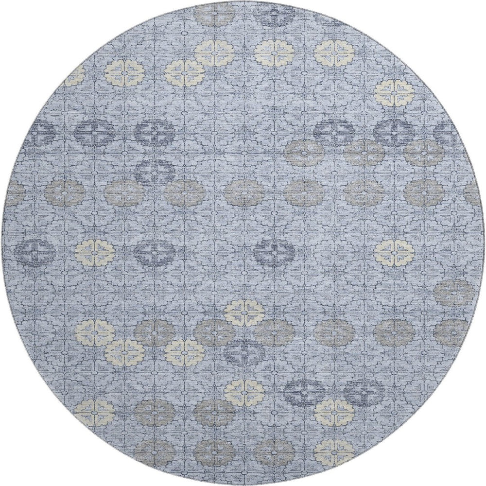 HomeRoots 8' Blue and Ivory Geometric Patterned Round Rug – Washable, UV-Protected, Durable for High Traffic Areas 705938