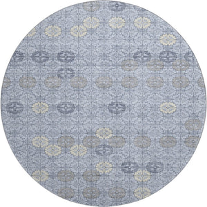 HomeRoots 8' Blue and Ivory Geometric Patterned Round Rug – Washable, UV-Protected, Durable for High Traffic Areas 705938