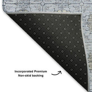 HomeRoots 8' Blue and Ivory Geometric Patterned Round Rug – Washable, UV-Protected, Durable for High Traffic Areas 705938