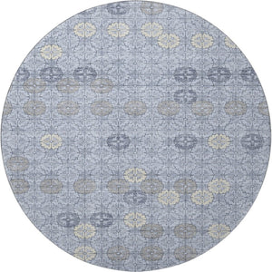 HomeRoots 8' Blue and Ivory Geometric Patterned Round Rug – Washable, UV-Protected, Durable for High Traffic Areas 705938