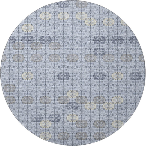 HomeRoots 8' Blue and Ivory Geometric Patterned Round Rug – Washable, UV-Protected, Durable for High Traffic Areas 705938