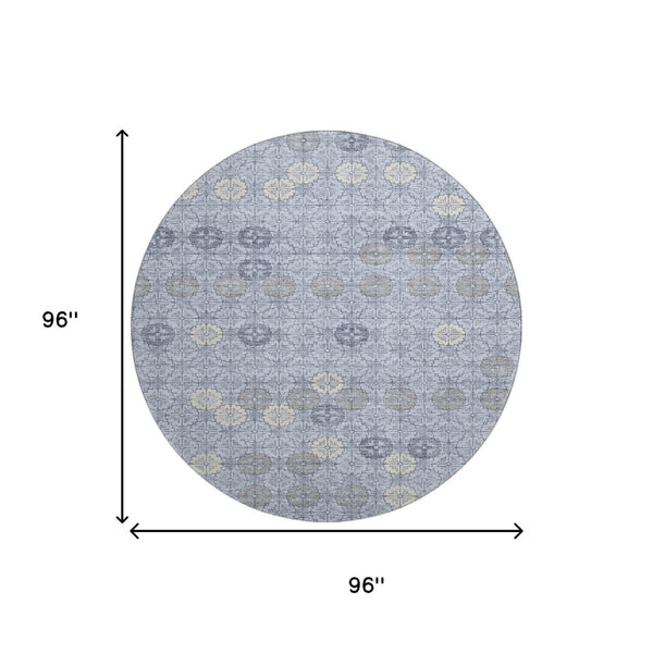 HomeRoots 8' Blue and Ivory Geometric Patterned Round Rug – Washable, UV-Protected, Durable for High Traffic Areas 705938