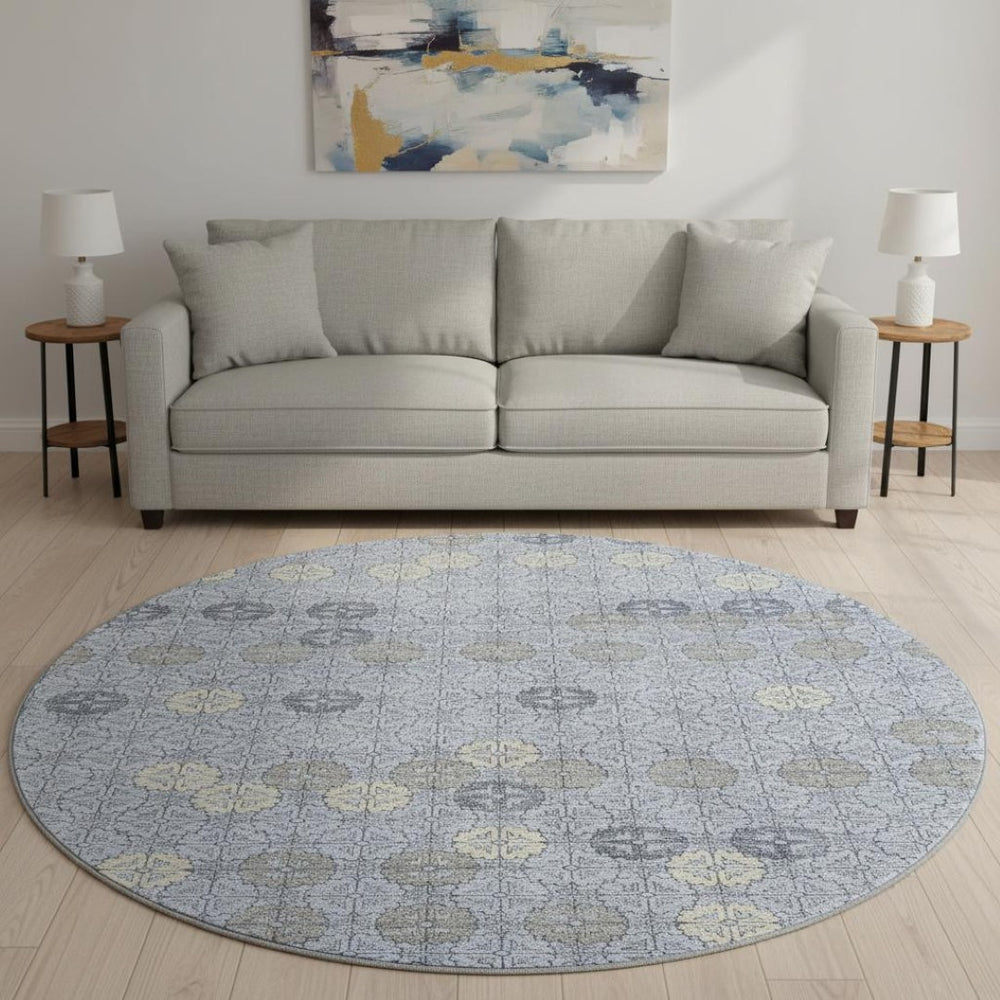 HomeRoots 8' Blue and Ivory Geometric Patterned Round Rug – Washable, UV-Protected, Durable for High Traffic Areas 705938