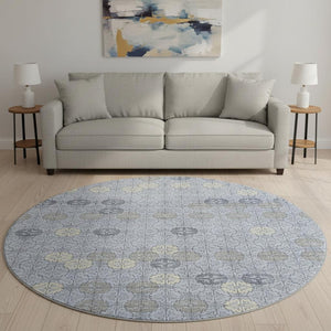HomeRoots 8' Blue and Ivory Geometric Patterned Round Rug – Washable, UV-Protected, Durable for High Traffic Areas 705938