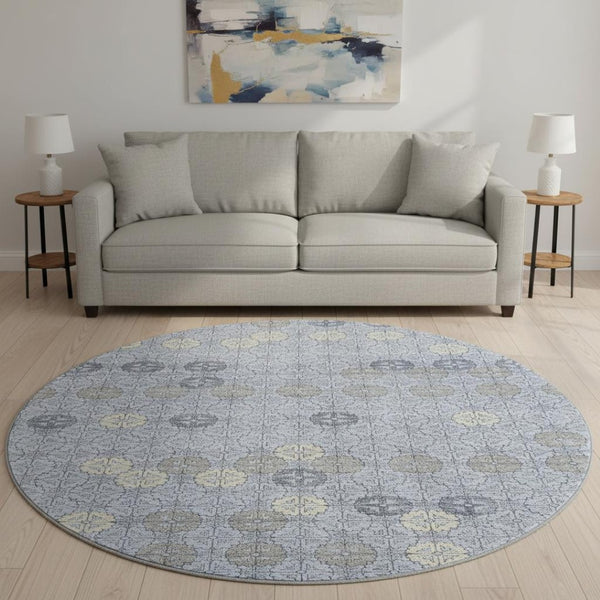 HomeRoots 8' Blue and Ivory Geometric Patterned Round Rug – Washable, UV-Protected, Durable for High Traffic Areas 705938