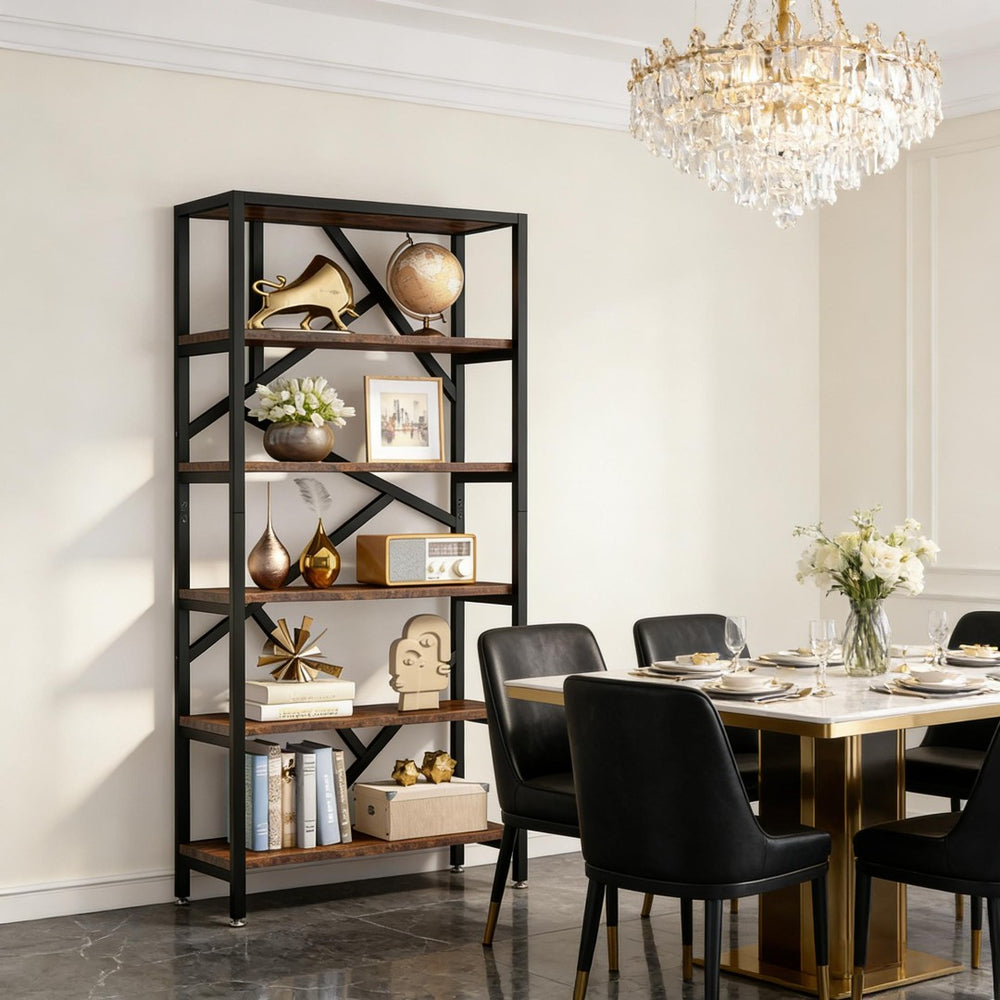 English Elm Display Cabinet Wall Mounted 5 Tier Glass Door Shelving for Collectibles Matte Black T3971P448682