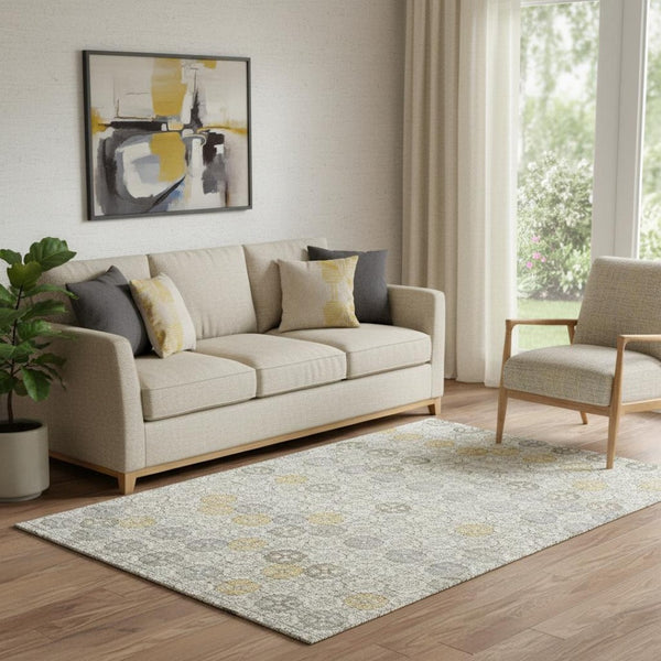 HomeRoots 5' X 8' Ivory Gold & Gray Geometric Area Rug – Stylish, Washable, UV-Protected for Busy Homes! 705943
