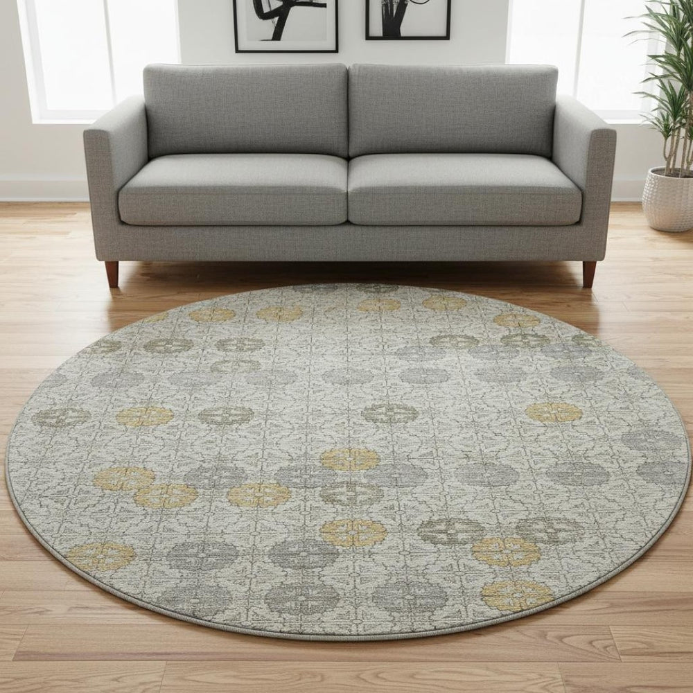 HomeRoots 8' Ivory Gold and Gray Geometric Round Rug - Washable, UV Protected, Elegant Design for Any Space 705944
