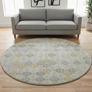 HomeRoots 8' Ivory Gold and Gray Geometric Round Rug - Washable, UV Protected, Elegant Design for Any Space 705944