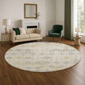 HomeRoots 8' Ivory Gold and Gray Geometric Round Rug - Washable, UV Protected, Elegant Design for Any Space 705944