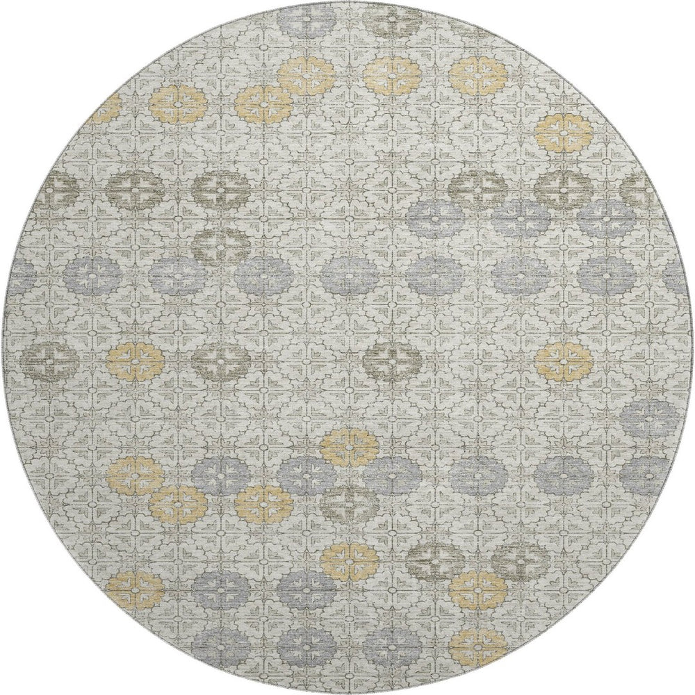 HomeRoots 8' Ivory Gold and Gray Geometric Round Rug - Washable, UV Protected, Elegant Design for Any Space 705944