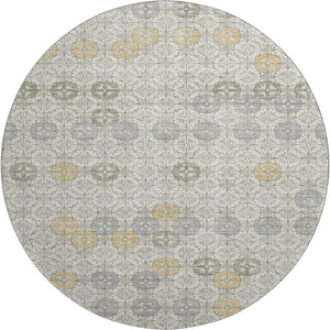 HomeRoots 8' Ivory Gold and Gray Geometric Round Rug - Washable, UV Protected, Elegant Design for Any Space 705944