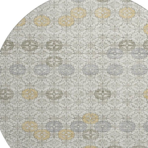 HomeRoots 8' Ivory Gold and Gray Geometric Round Rug - Washable, UV Protected, Elegant Design for Any Space 705944