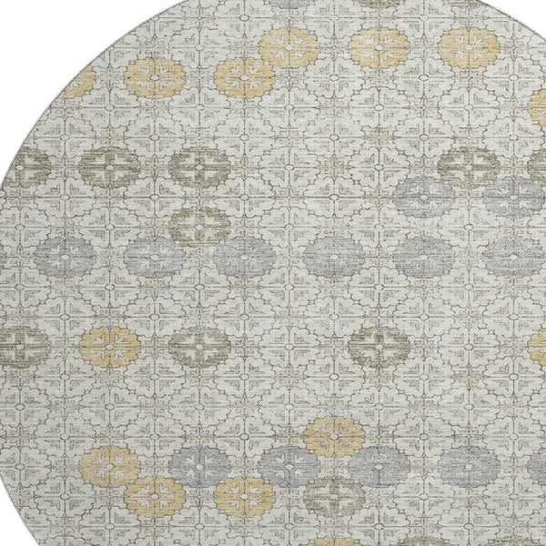 HomeRoots 8' Ivory Gold and Gray Geometric Round Rug - Washable, UV Protected, Elegant Design for Any Space 705944