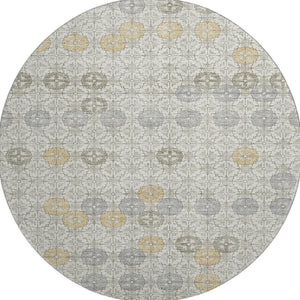 HomeRoots 8' Ivory Gold and Gray Geometric Round Rug - Washable, UV Protected, Elegant Design for Any Space 705944