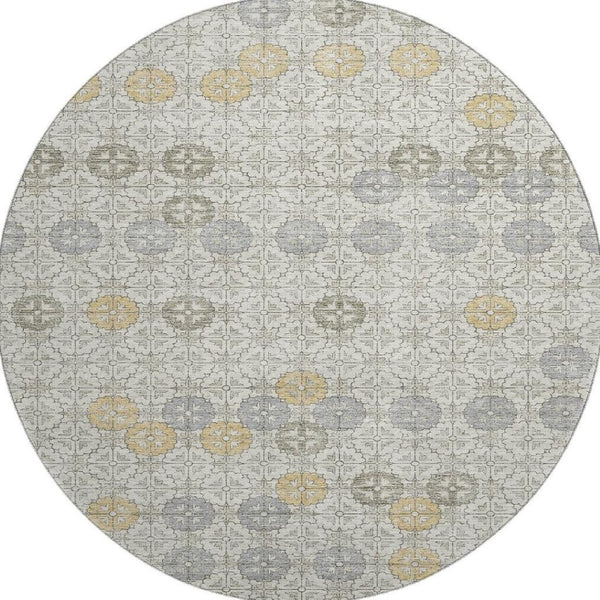 HomeRoots 8' Ivory Gold and Gray Geometric Round Rug - Washable, UV Protected, Elegant Design for Any Space 705944