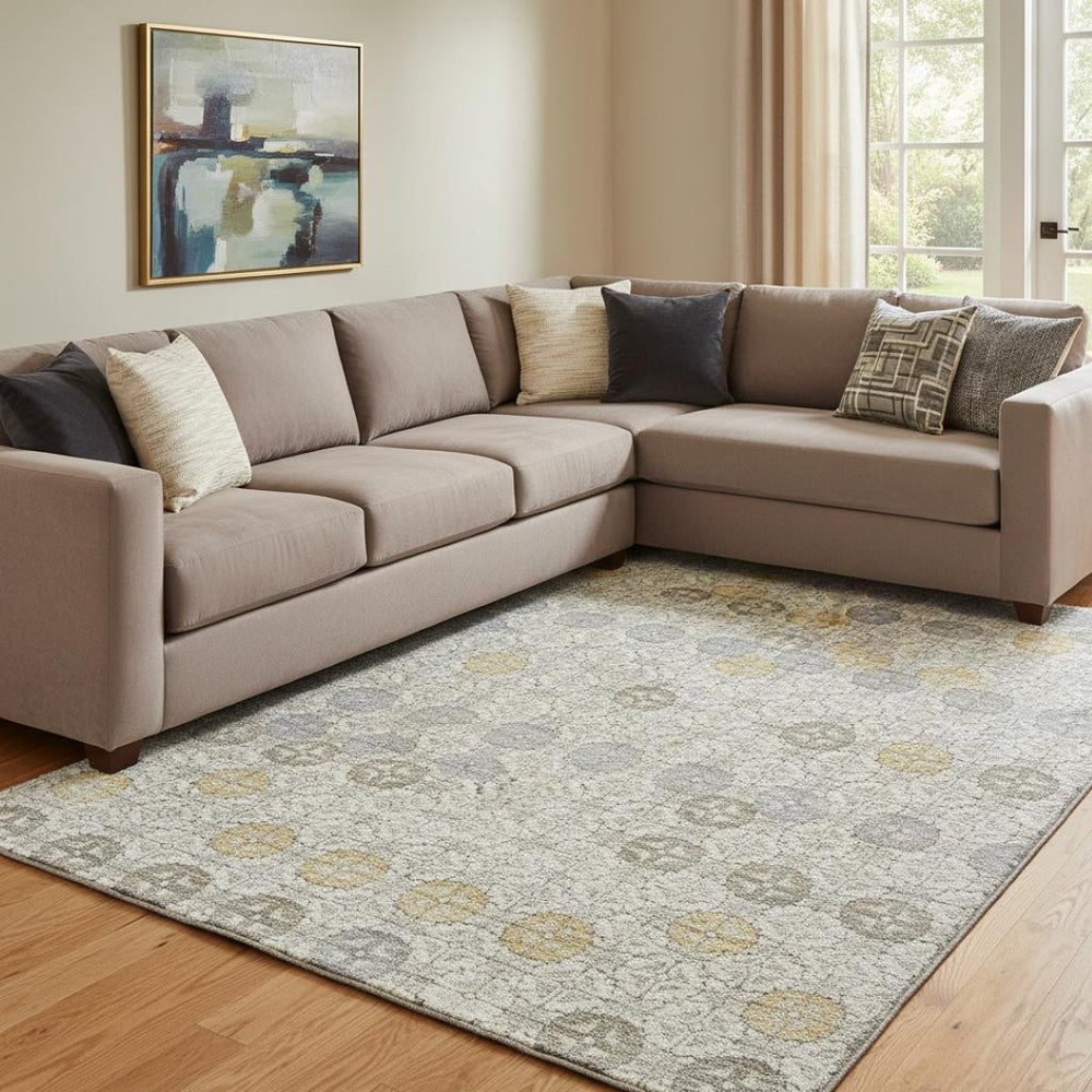 HomeRoots 8' X 10' Elegant Ivory Gold Gray Geometric Washable Area Rug with UV Protection for High-Traffic Spaces 705945
