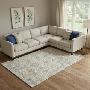 HomeRoots 10' X 14' Ivory Gold & Gray Geometric Area Rug - Washable, UV-Protected, Stylish & Durable Design 705947