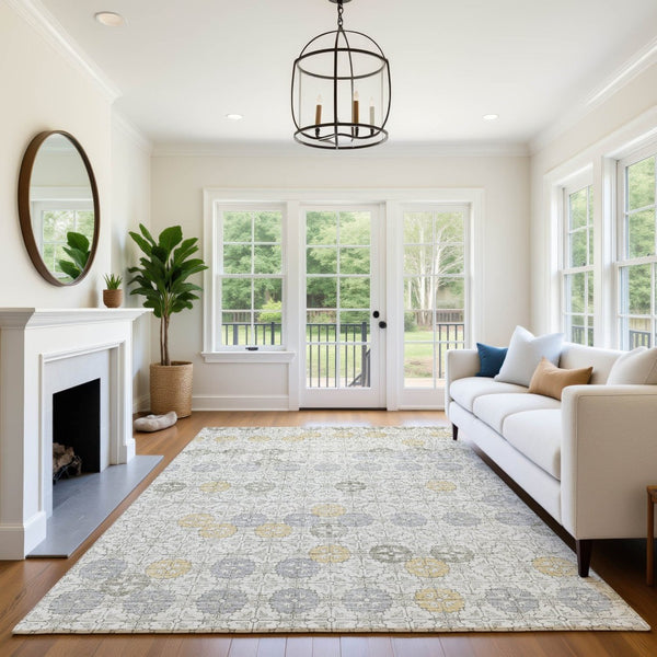 HomeRoots 10' X 14' Ivory Gold & Gray Geometric Area Rug - Washable, UV-Protected, Stylish & Durable Design 705947