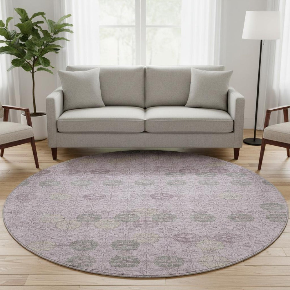 HomeRoots 8' Stylish Plum and Gray Geometric Washable Round Rug – UV Protected, Non-Slip, Easy Care! 705950
