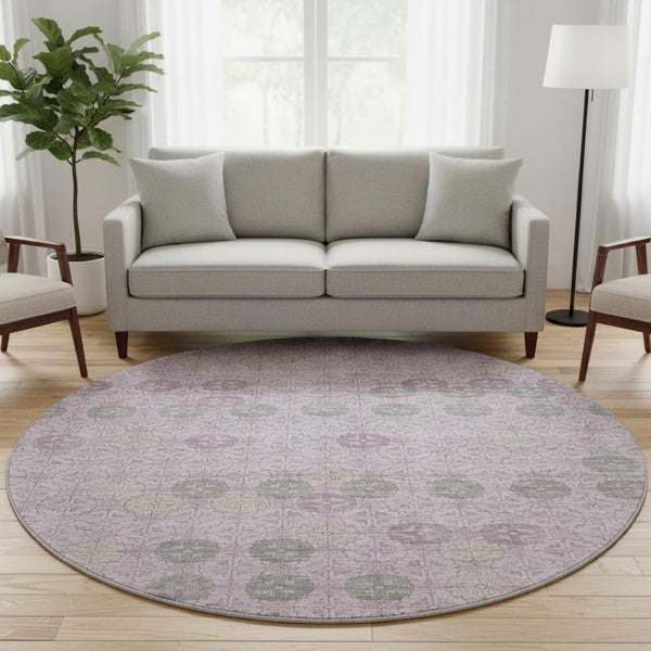 HomeRoots 8' Stylish Plum and Gray Geometric Washable Round Rug – UV Protected, Non-Slip, Easy Care! 705950