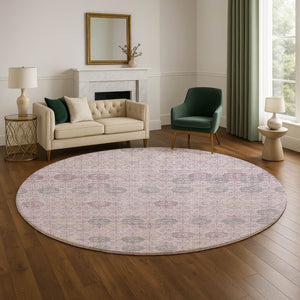 HomeRoots 8' Stylish Plum and Gray Geometric Washable Round Rug – UV Protected, Non-Slip, Easy Care! 705950