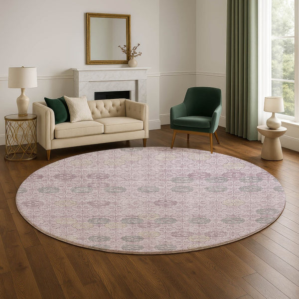 HomeRoots 8' Stylish Plum and Gray Geometric Washable Round Rug – UV Protected, Non-Slip, Easy Care! 705950