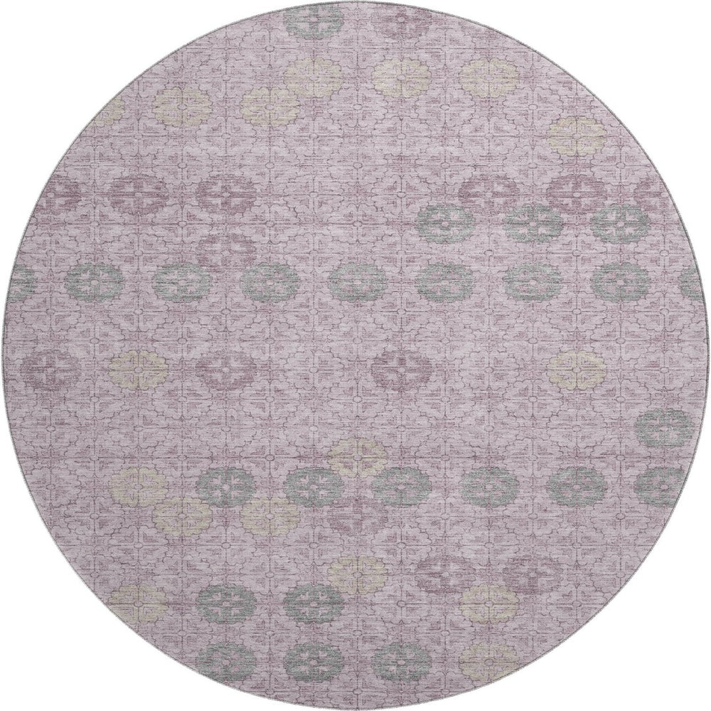 HomeRoots 8' Stylish Plum and Gray Geometric Washable Round Rug – UV Protected, Non-Slip, Easy Care! 705950
