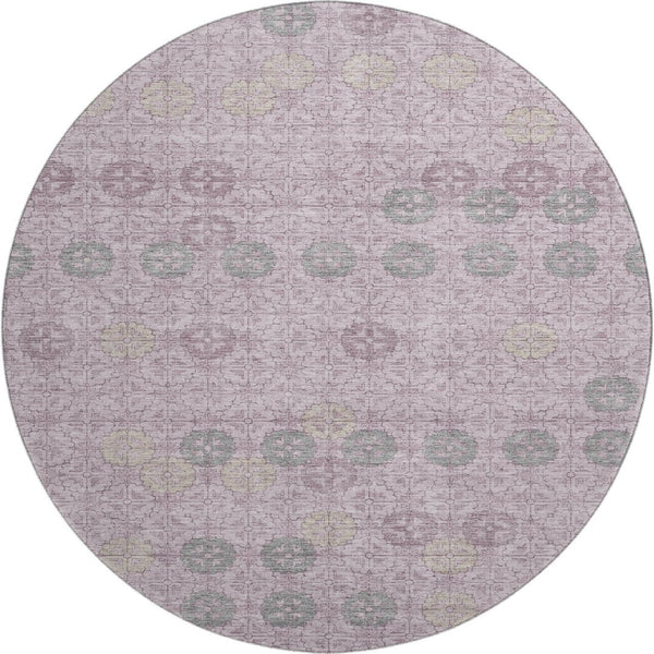HomeRoots 8' Stylish Plum and Gray Geometric Washable Round Rug – UV Protected, Non-Slip, Easy Care! 705950