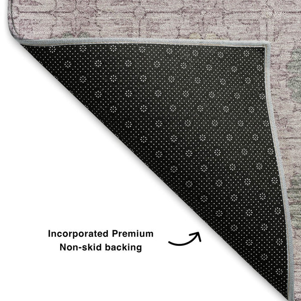HomeRoots 8' Stylish Plum and Gray Geometric Washable Round Rug – UV Protected, Non-Slip, Easy Care! 705950
