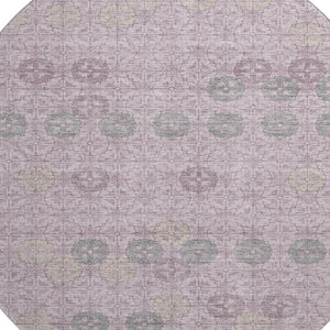 HomeRoots 8' Stylish Plum and Gray Geometric Washable Round Rug – UV Protected, Non-Slip, Easy Care! 705950