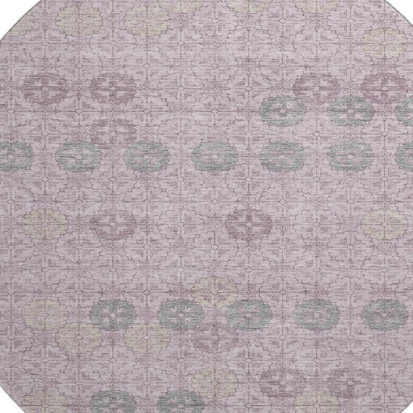 HomeRoots 8' Stylish Plum and Gray Geometric Washable Round Rug – UV Protected, Non-Slip, Easy Care! 705950