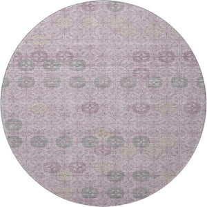HomeRoots 8' Stylish Plum and Gray Geometric Washable Round Rug – UV Protected, Non-Slip, Easy Care! 705950