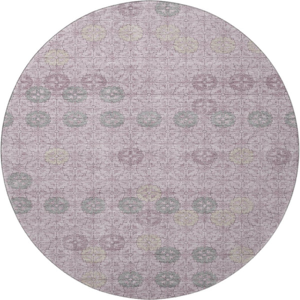 HomeRoots 8' Stylish Plum and Gray Geometric Washable Round Rug – UV Protected, Non-Slip, Easy Care! 705950